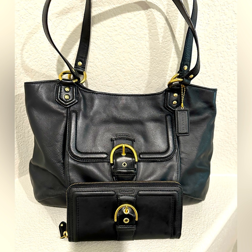 Coach Campbell Belle Carryall tote bag with brass hardware and matching wallet.